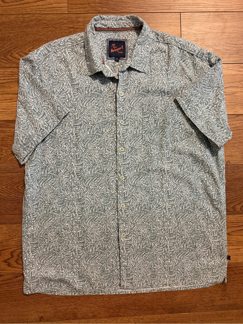 Newport Isle Mens XL Green White Leaf Print Linen Blend Short Sleeve Button Down